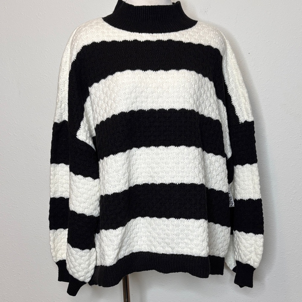Nine West Black and White Striped Turtleneck Sweater